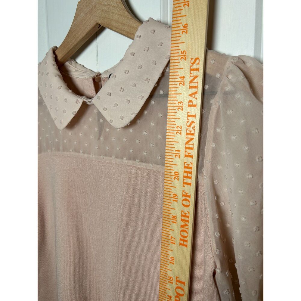 Adrianna Papell Pink Knit Peter Pan Collar Dotted Mesh Puff Sleeve Top Size M